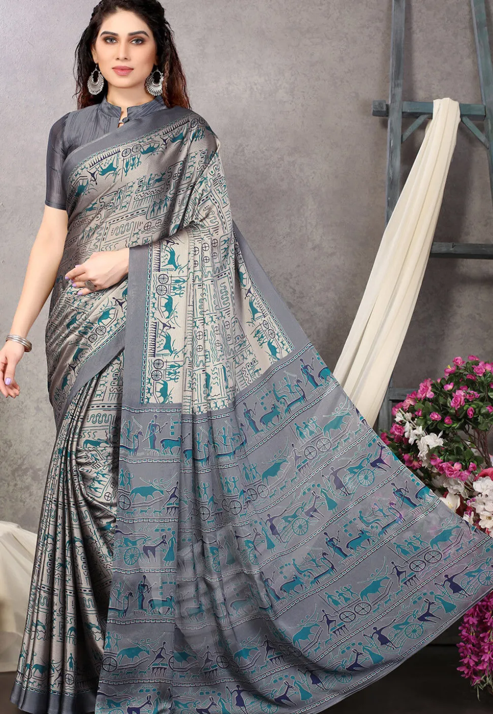 Printed Chiffon Saree in Grey