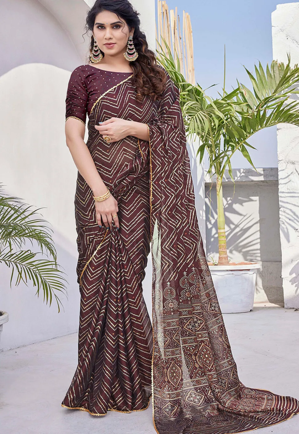 Printed Chiffon Saree in Maroon
