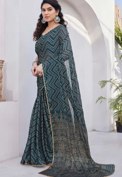 Printed Chiffon Saree in Dark Teal Blue