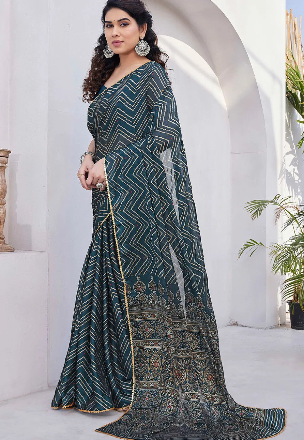 Printed Chiffon Saree in Dark Teal Blue