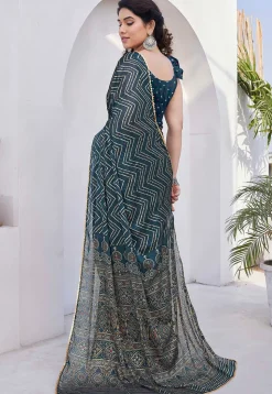 Printed Chiffon Saree in Dark Teal Blue