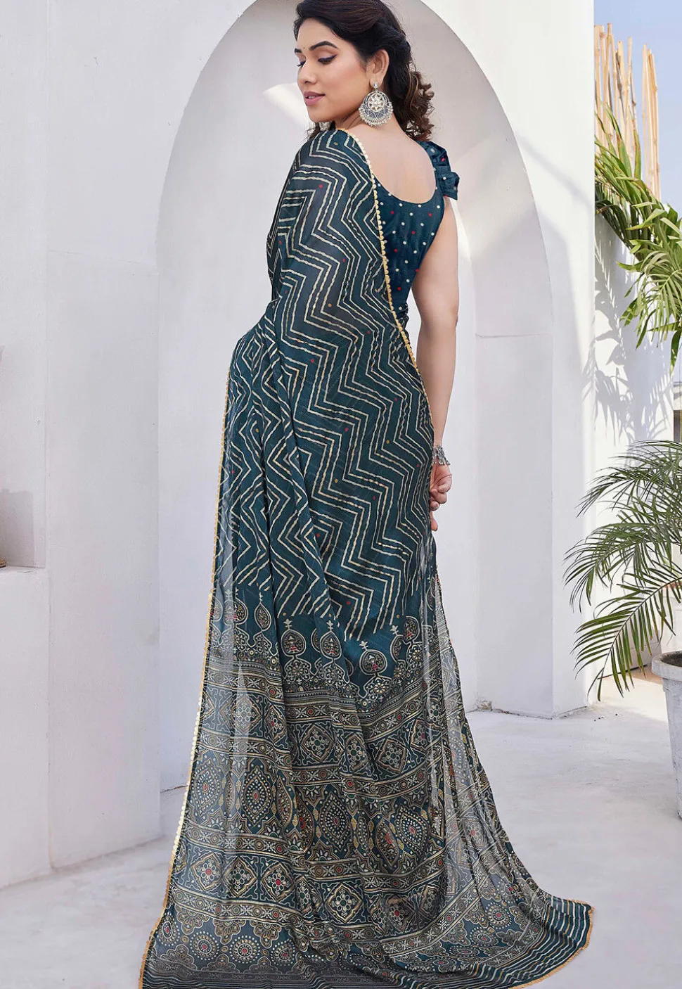 Printed Chiffon Saree in Dark Teal Blue