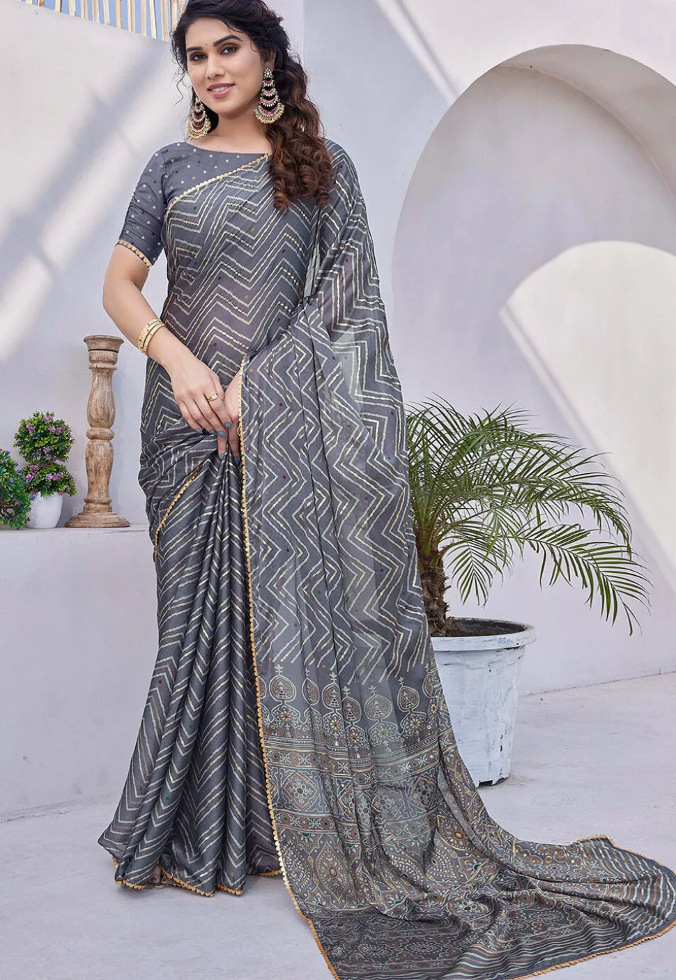 Printed Chiffon Saree in Dusty Blue