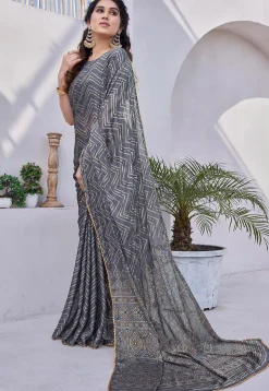 Printed Chiffon Saree in Dusty Blue