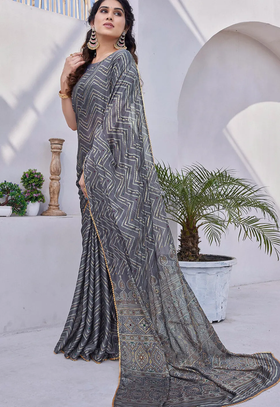 Printed Chiffon Saree in Dusty Blue