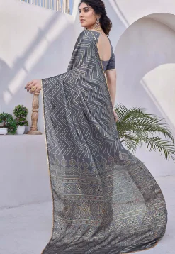 Printed Chiffon Saree in Dusty Blue