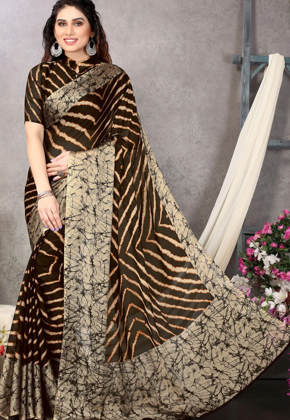 Printed Chiffon Saree in Brown