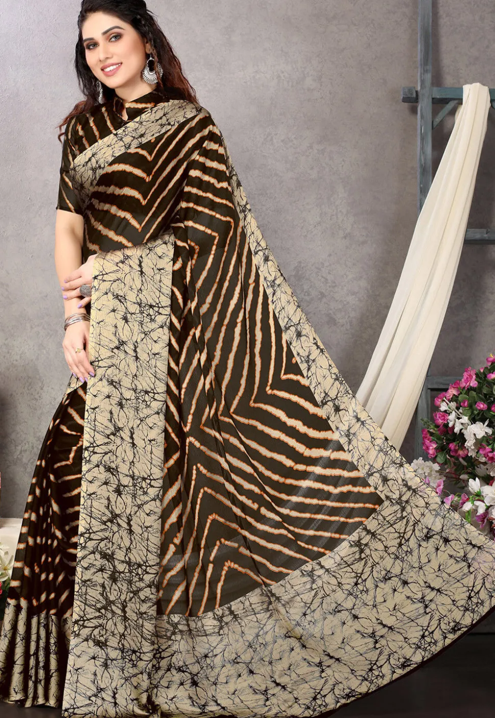 Printed Chiffon Saree in Brown