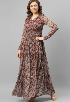 Printed Chiffon Tiered Dress in Maroon
