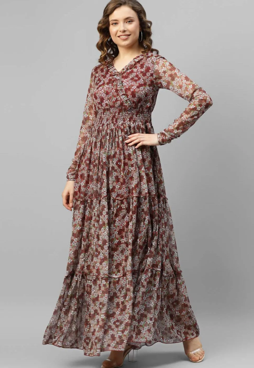 Printed Chiffon Tiered Dress in Maroon
