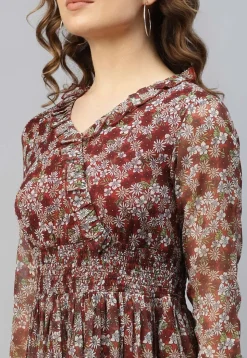 Printed Chiffon Tiered Dress in Maroon