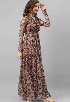 Printed Chiffon Tiered Dress in Maroon