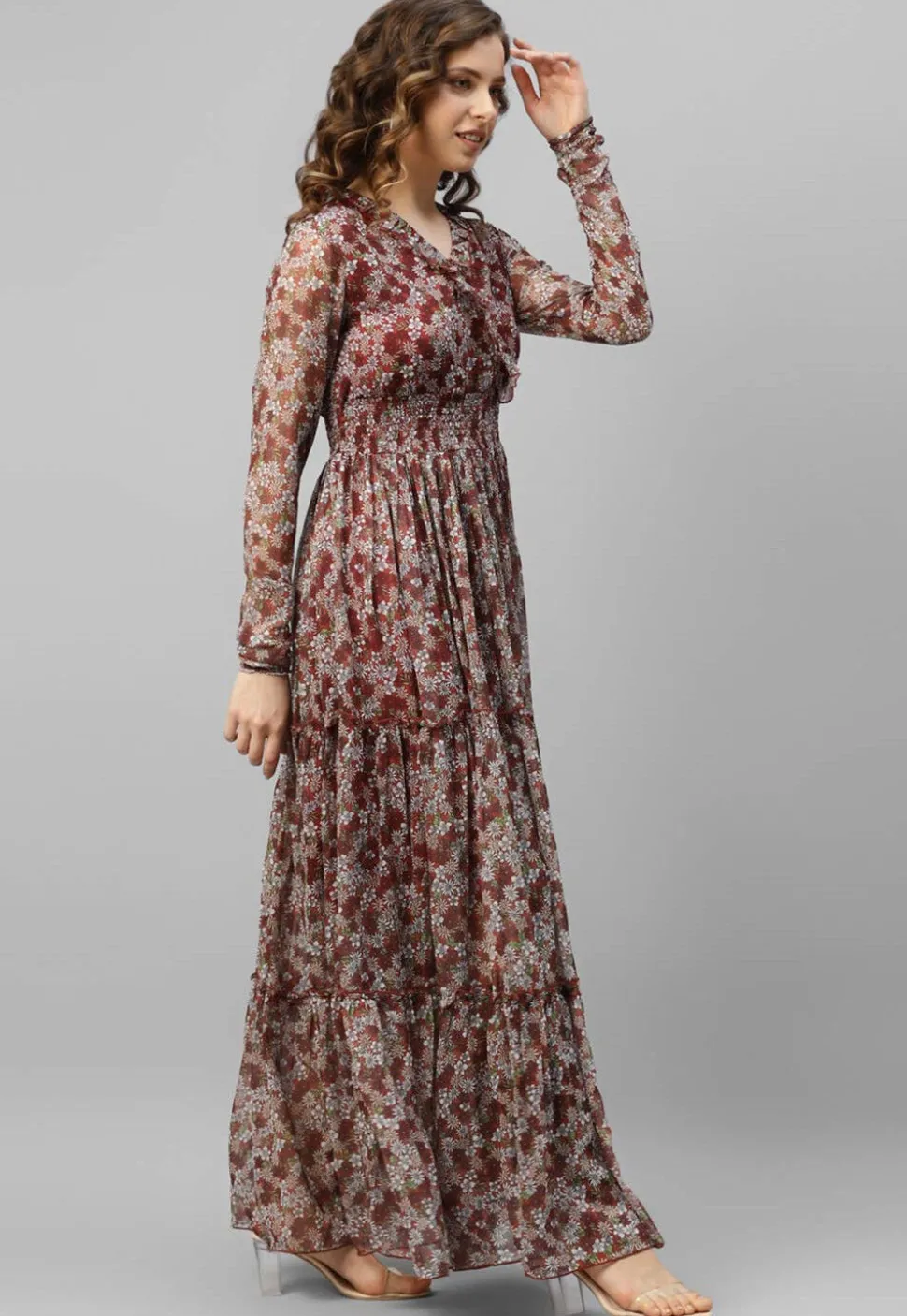 Printed Chiffon Tiered Dress in Maroon