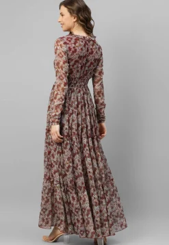 Printed Chiffon Tiered Dress in Maroon