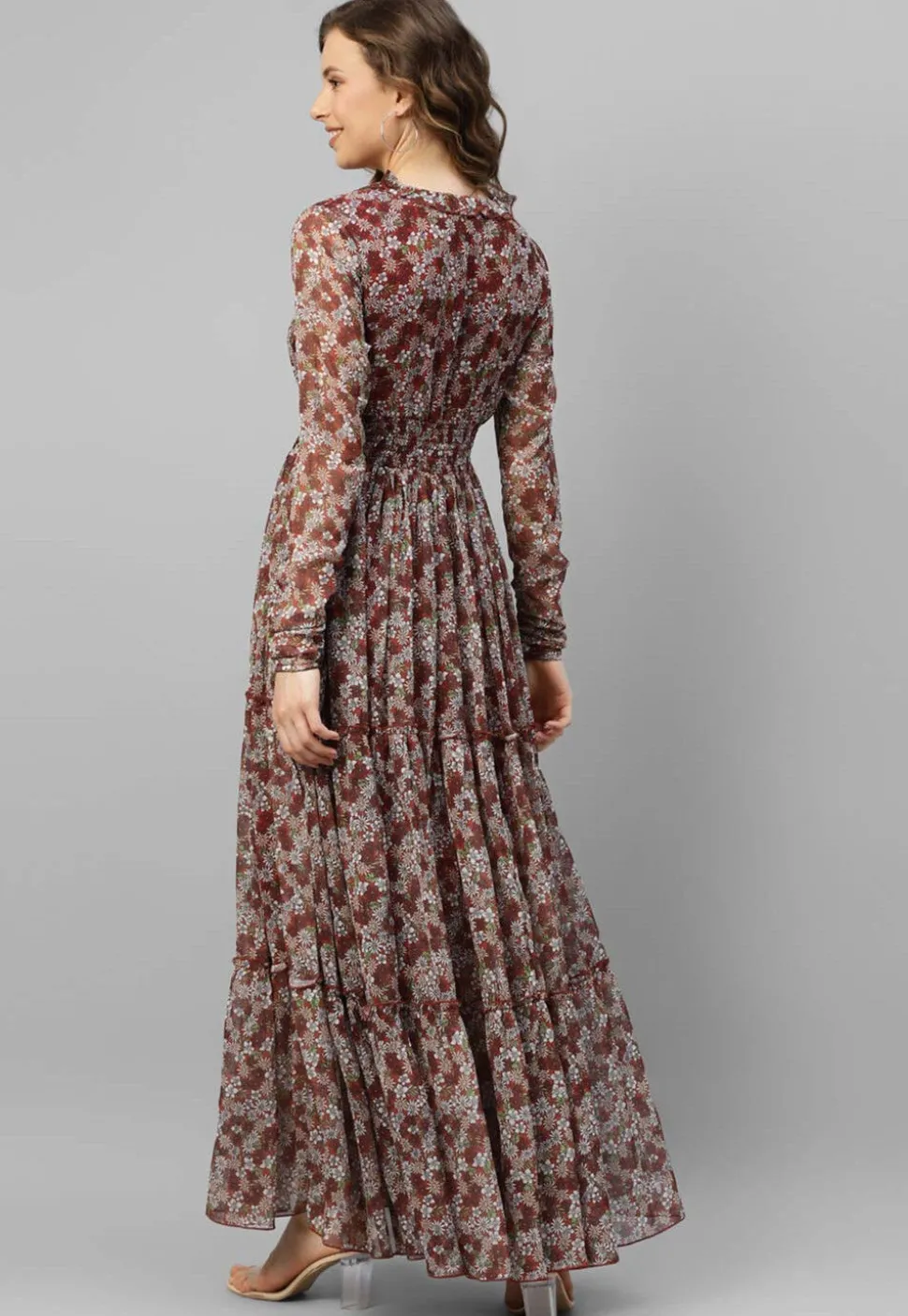 Printed Chiffon Tiered Dress in Maroon