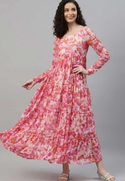 Printed Chiffon Tiered Dress in Pink and Multicolor