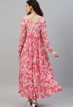 Printed Chiffon Tiered Dress in Pink and Multicolor