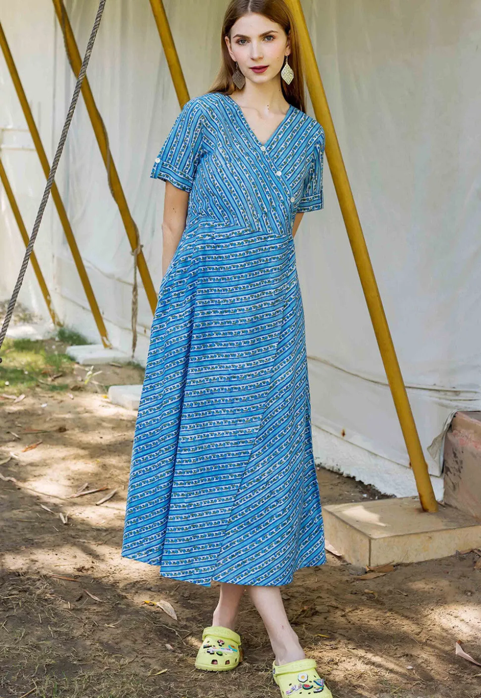 Printed Cotton A Line Dress in Blue