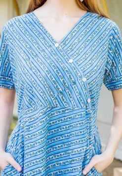 Printed Cotton A Line Dress in Blue