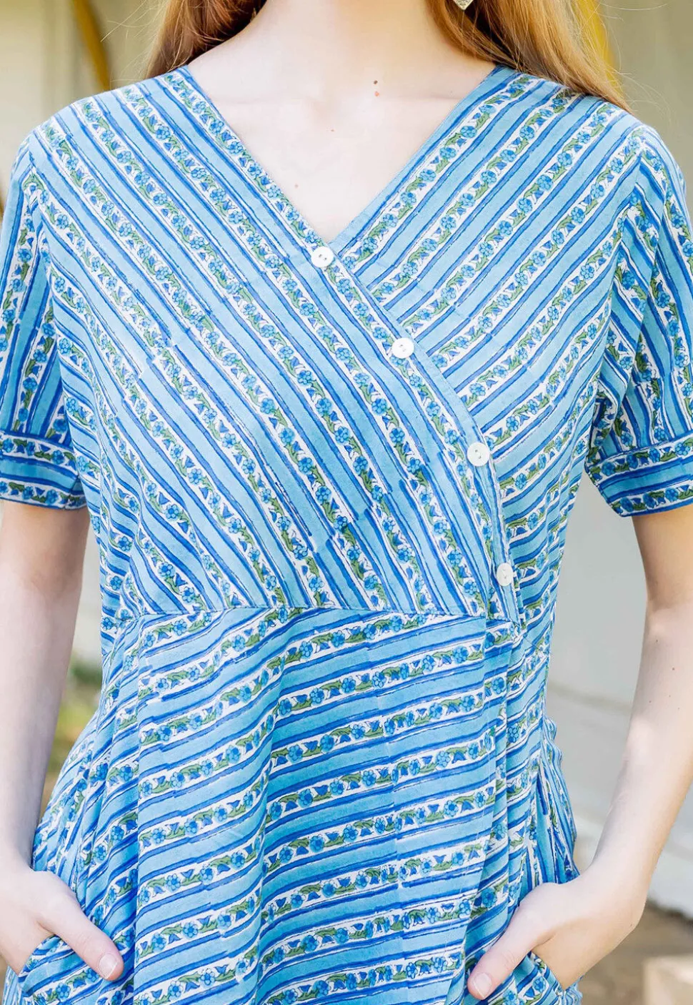 Printed Cotton A Line Dress in Blue