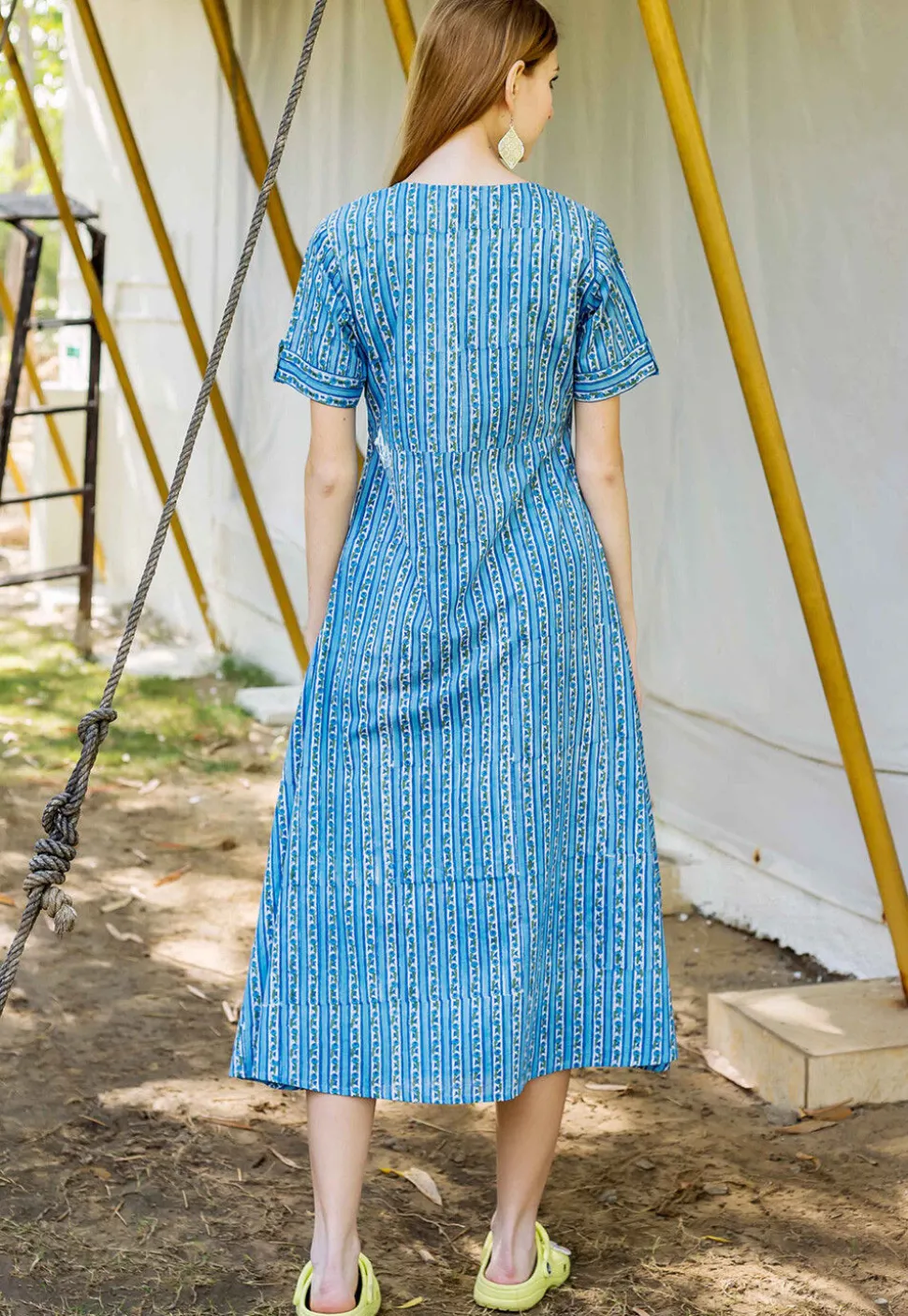 Printed Cotton A Line Dress in Blue