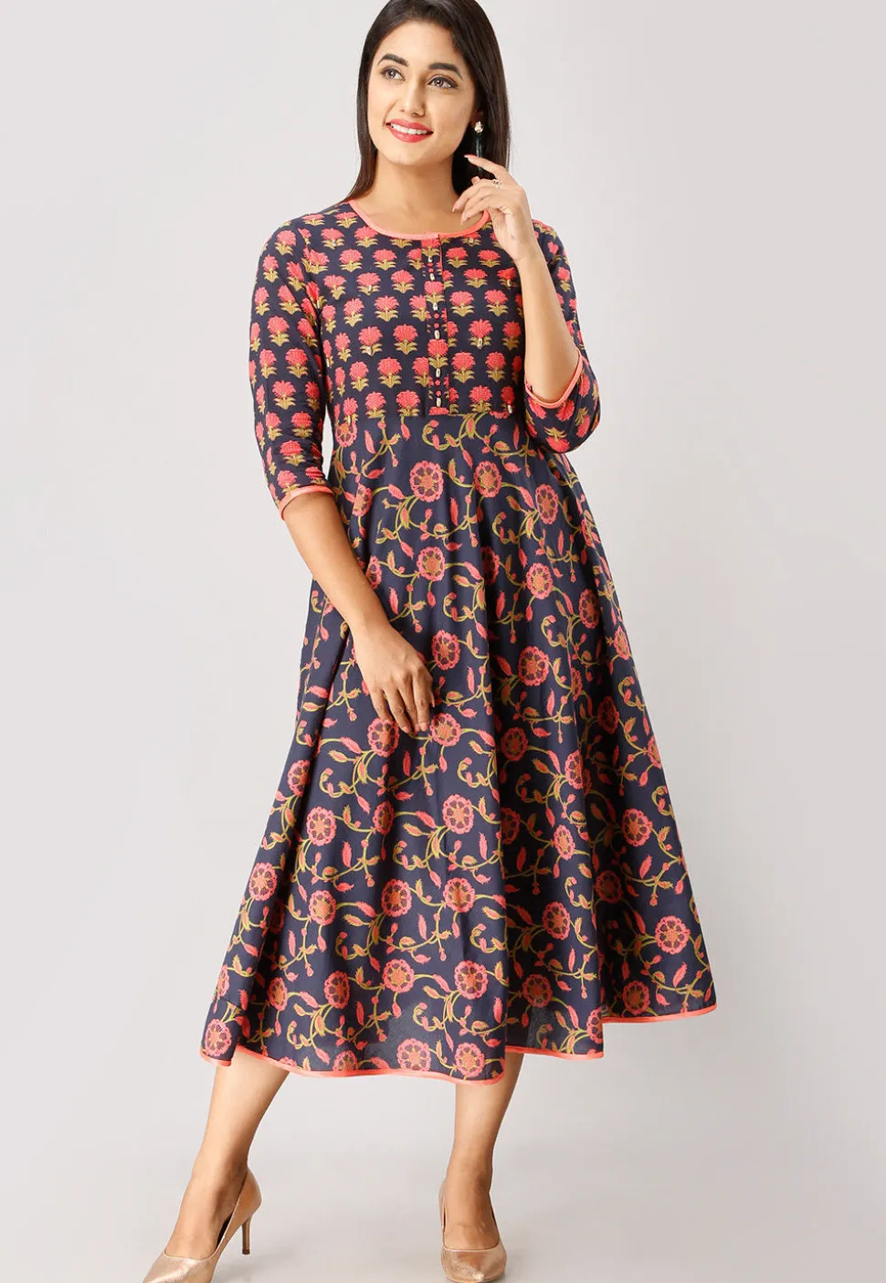 Printed Cotton A Line Flared Kurta in Navy Blue and Dark Peach