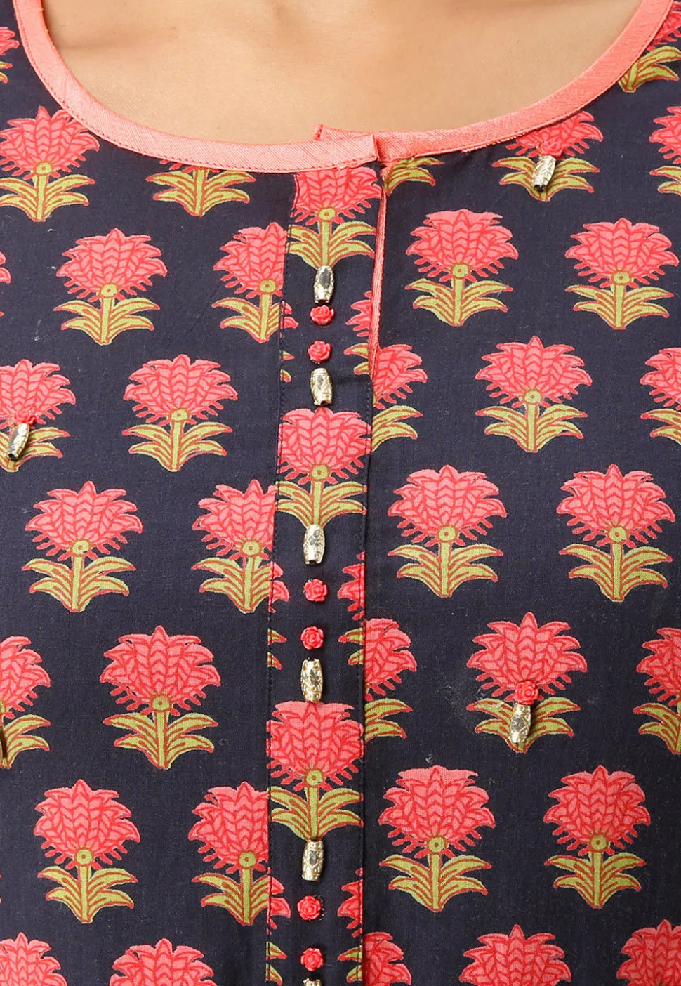 Printed Cotton A Line Flared Kurta in Navy Blue and Dark Peach