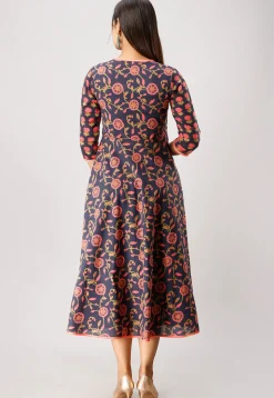 Printed Cotton A Line Flared Kurta in Navy Blue and Dark Peach