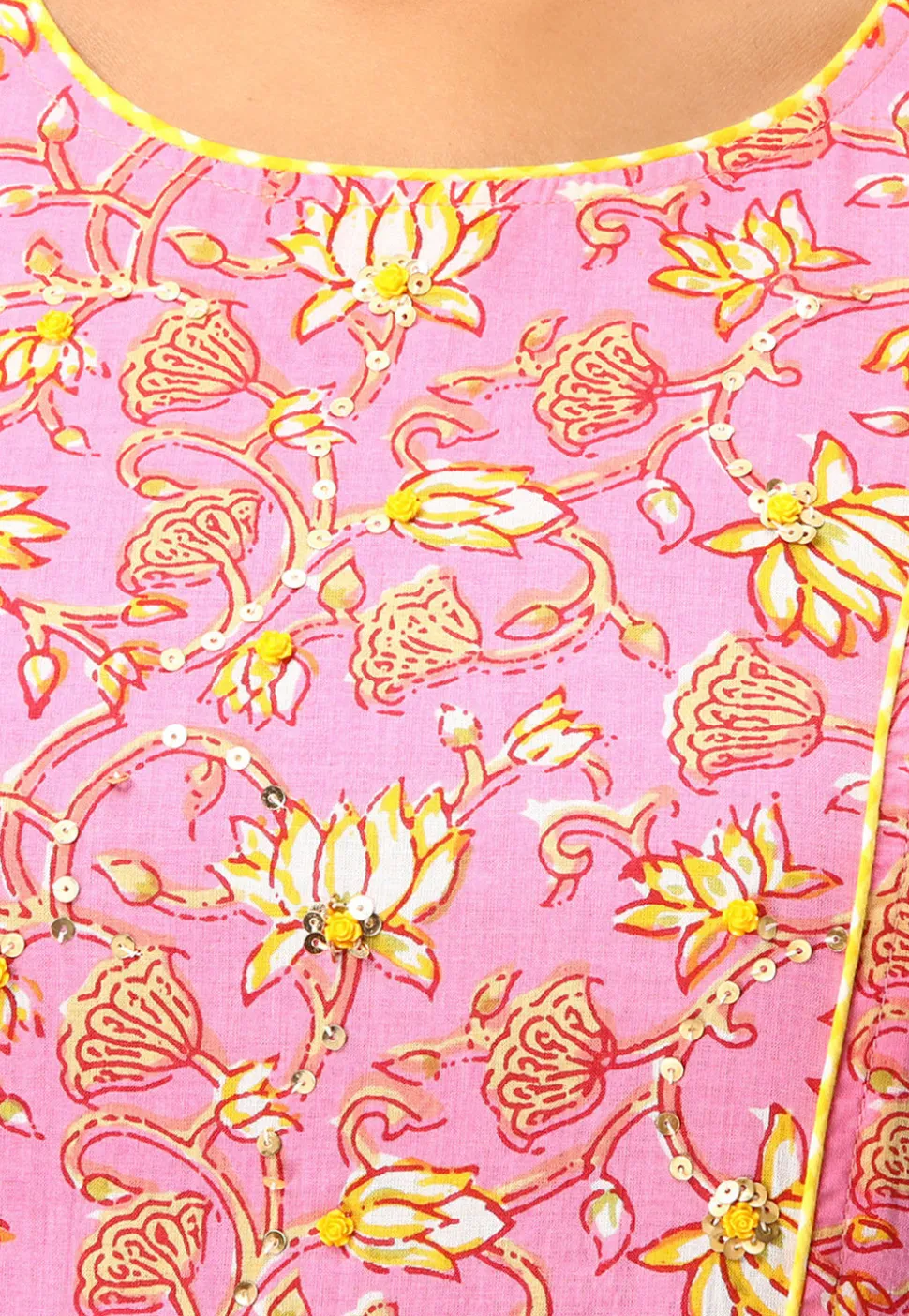 Printed Cotton A Line Flared Kurta in Pink