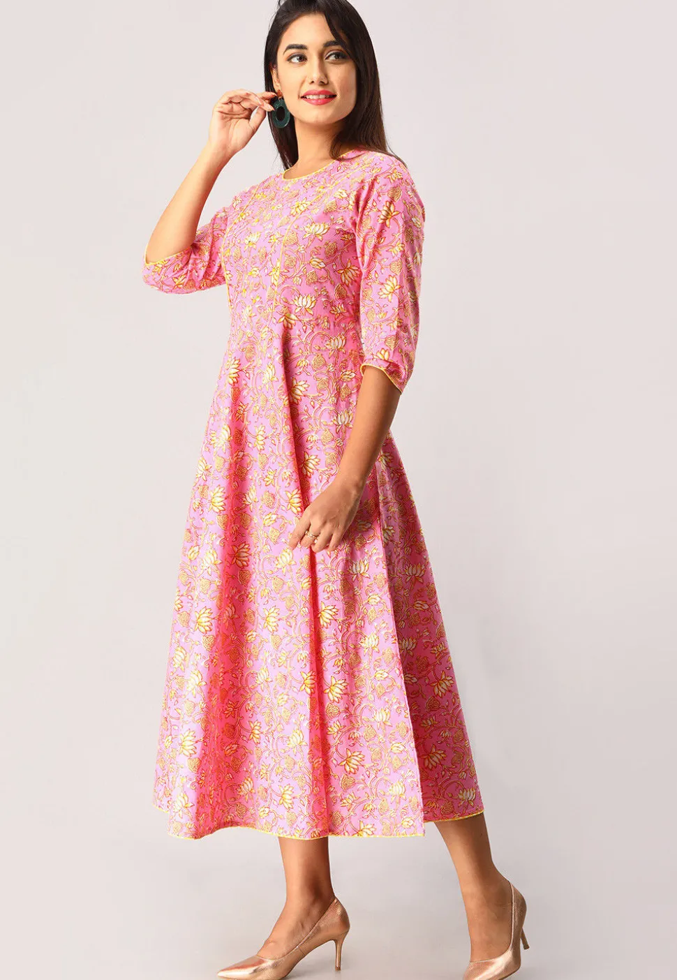 Printed Cotton A Line Flared Kurta in Pink