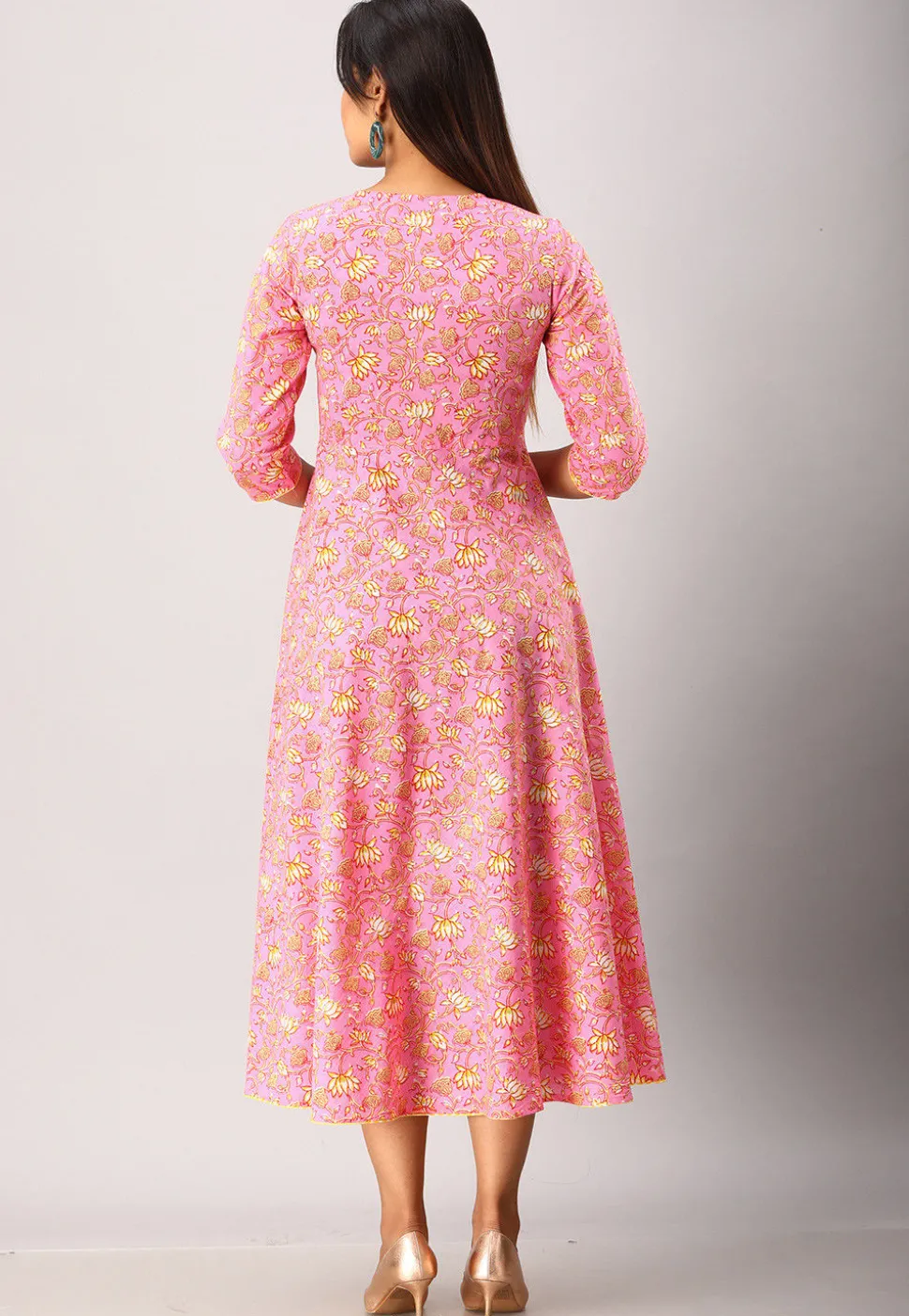 Printed Cotton A Line Flared Kurta in Pink