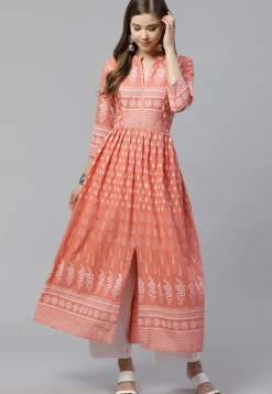 Printed Cotton A Line Kurta in Peach