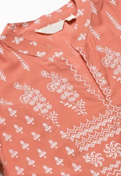 Printed Cotton A Line Kurta in Peach