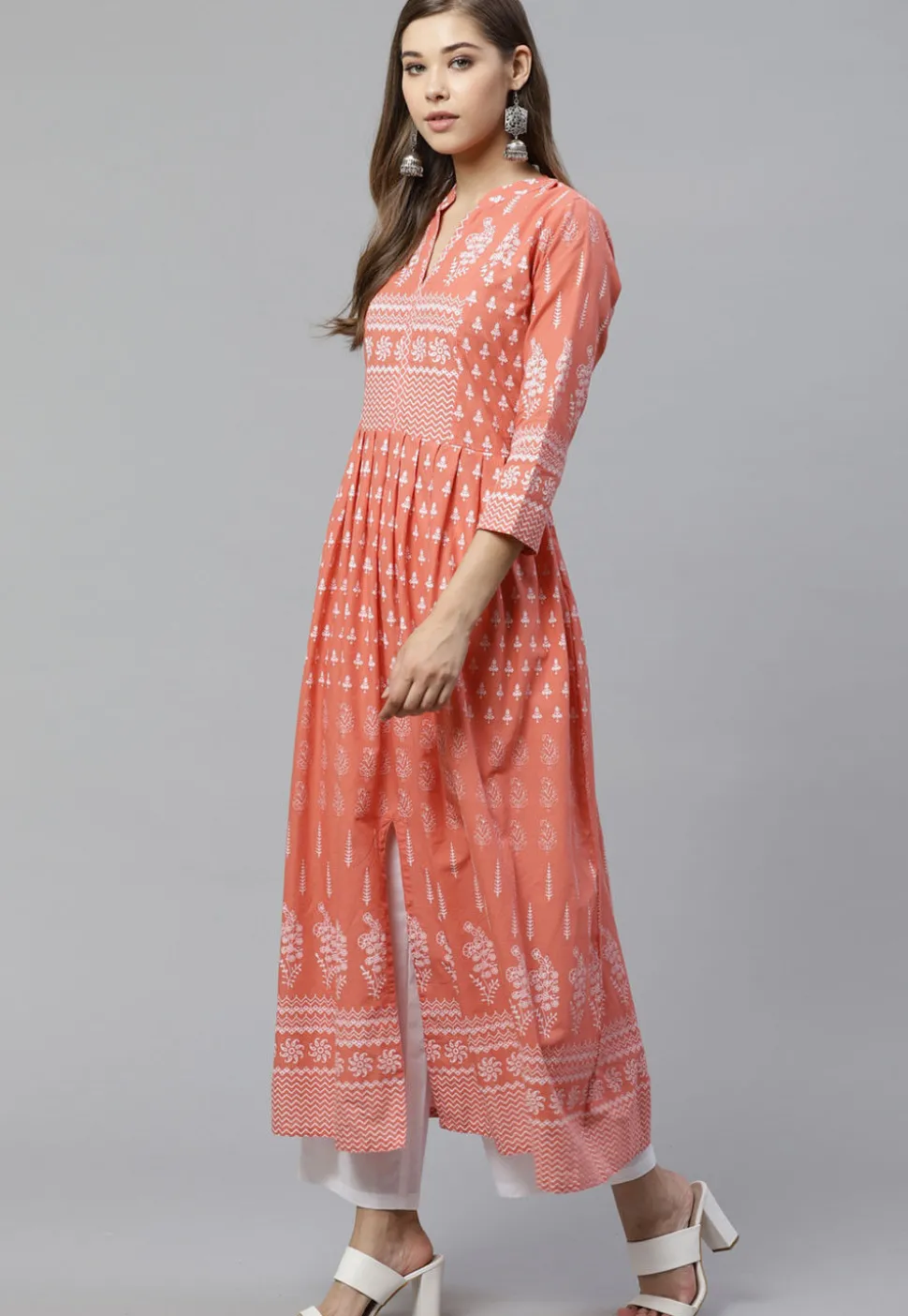 Printed Cotton A Line Kurta in Peach