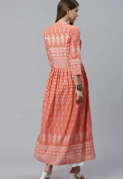 Printed Cotton A Line Kurta in Peach