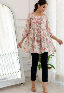 Printed Cotton A Line Kurti in Off White