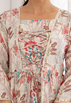 Printed Cotton A Line Kurti in Off White