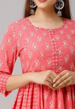 Printed Cotton A Line Kurta in Coral Pink