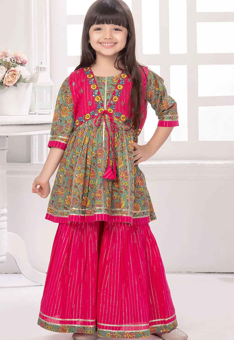 Printed Cotton A Line Kurta Set in Dusty Green