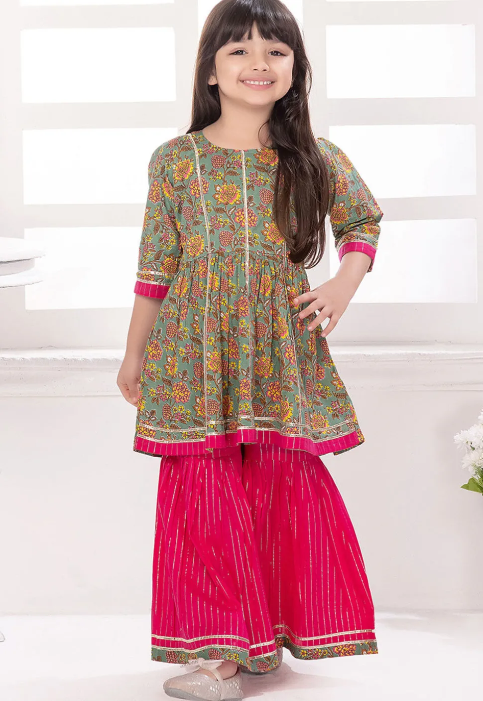 Printed Cotton A Line Kurta Set in Dusty Green