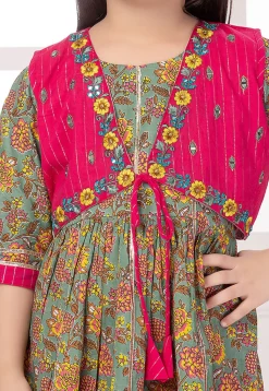 Printed Cotton A Line Kurta Set in Dusty Green