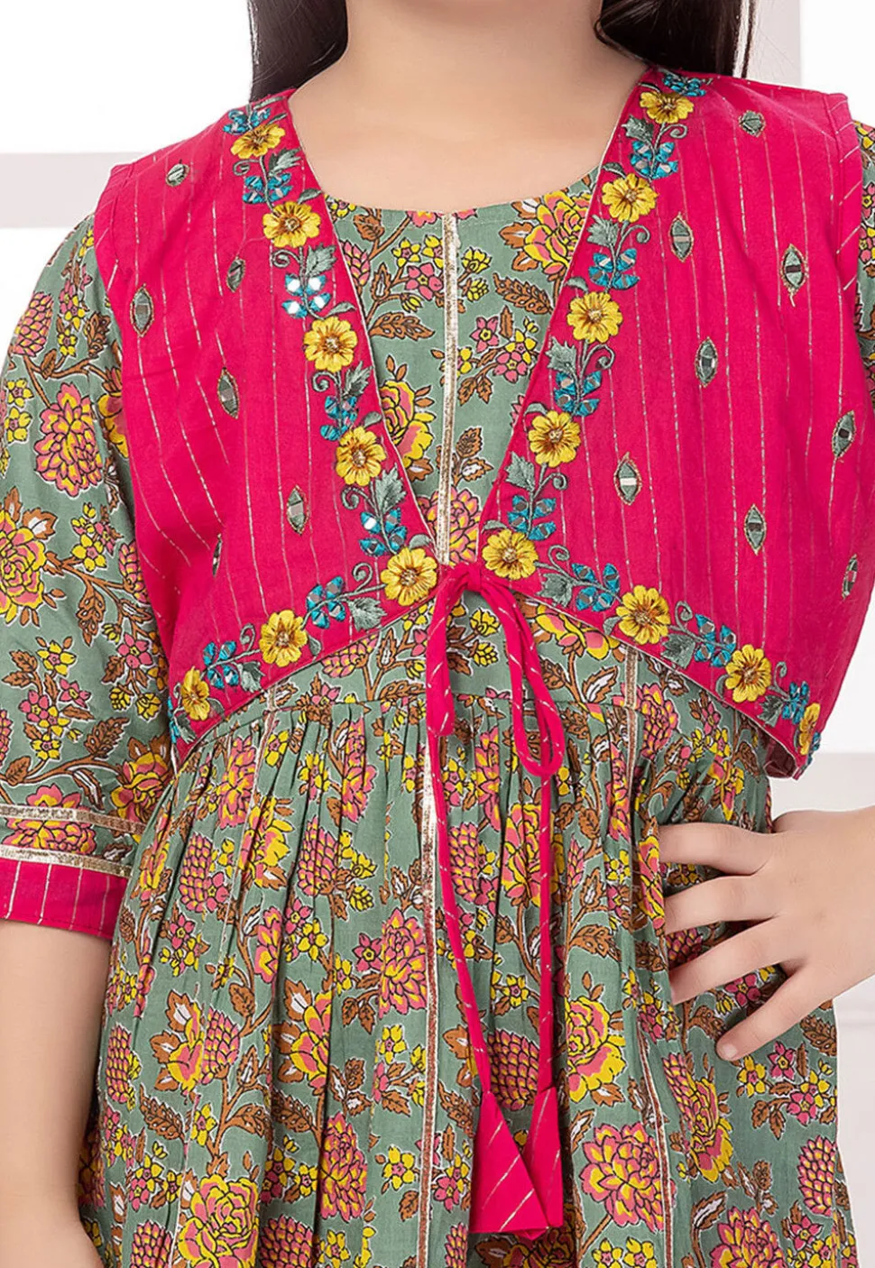 Printed Cotton A Line Kurta Set in Dusty Green