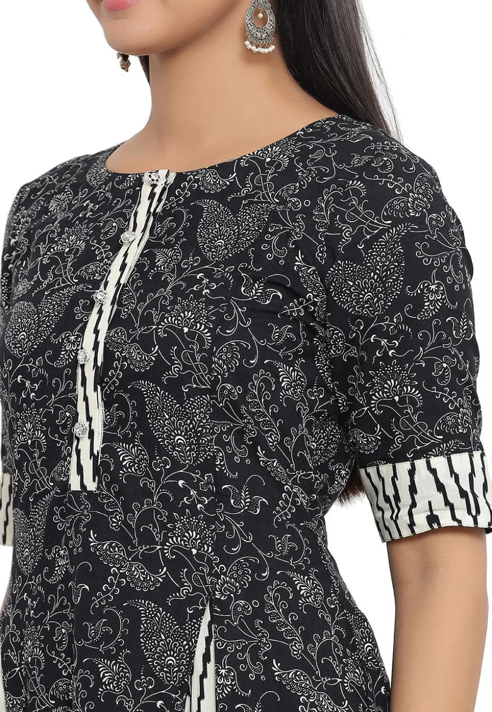 Printed Cotton A Line Kurta in Black