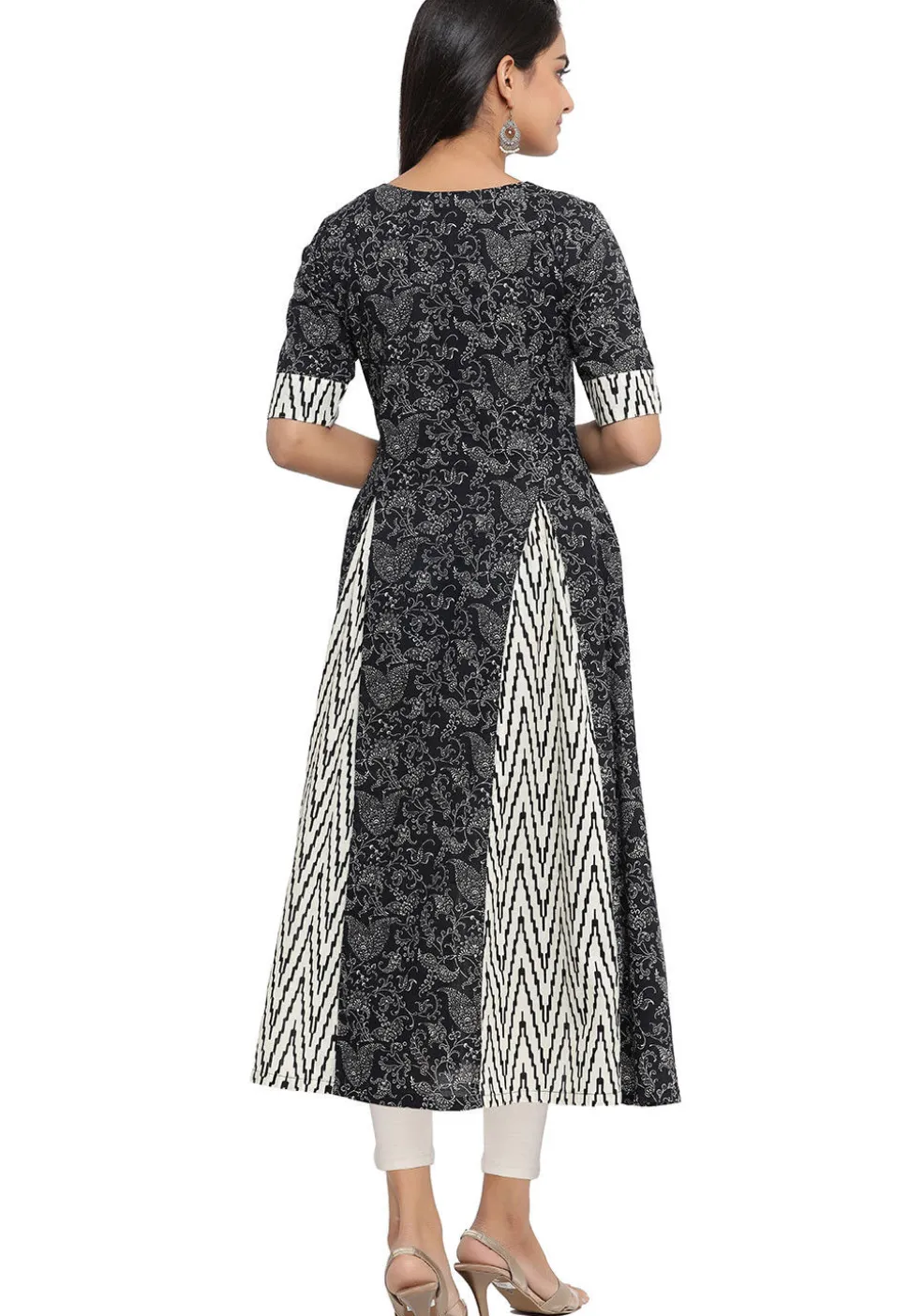 Printed Cotton A Line Kurta in Black