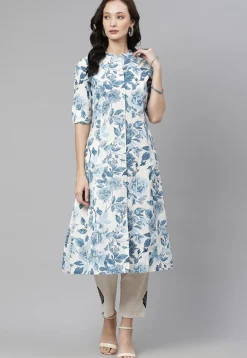 Printed Cotton A Line Kurta in Off White and Blue