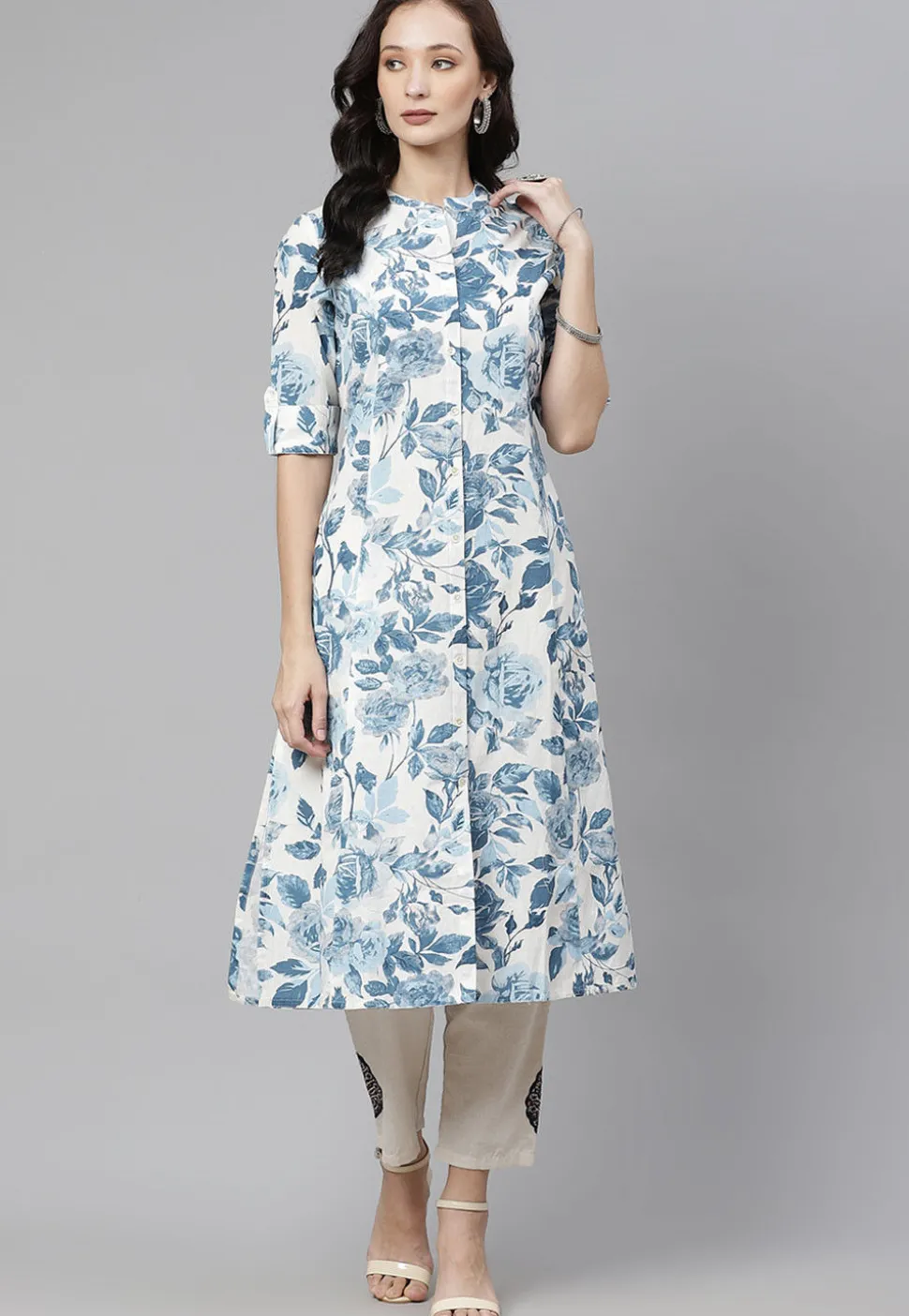 Printed Cotton A Line Kurta in Off White and Blue