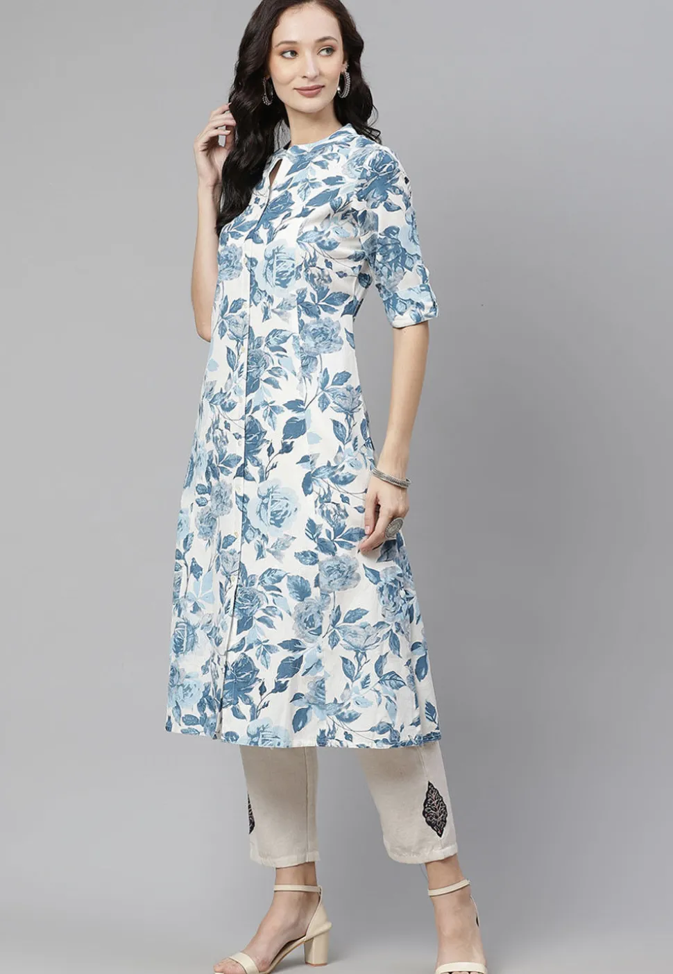 Printed Cotton A Line Kurta in Off White and Blue