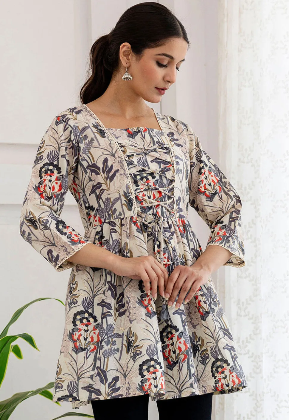 Printed Cotton A Line Kurti in Off White