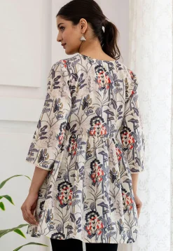 Printed Cotton A Line Kurti in Off White