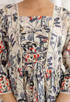 Printed Cotton A Line Kurti in Off White